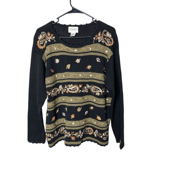 Vintage Jenny Black Gold Embroidered Paisley Leaf Sweater Size Large - Picture 1 of 9
